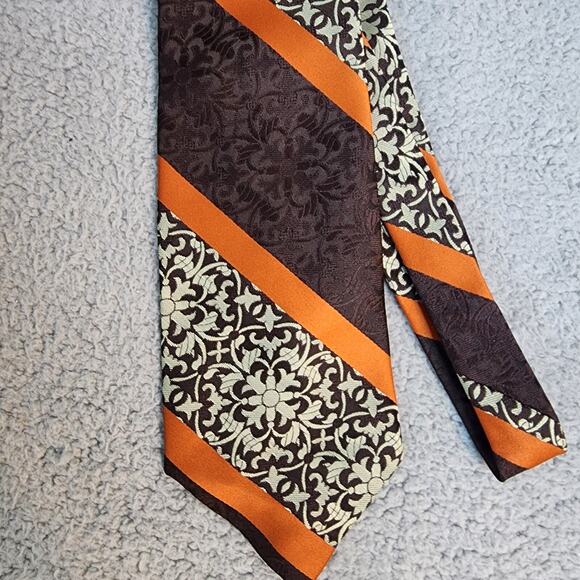 Sears Mens Shop Floral Striped Print Brown Orange Necktie 70s Vintage - Picture 6 of 6